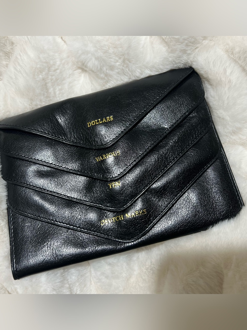 Black Envelope Wallet Clutch with Gold Lettering Money holder International